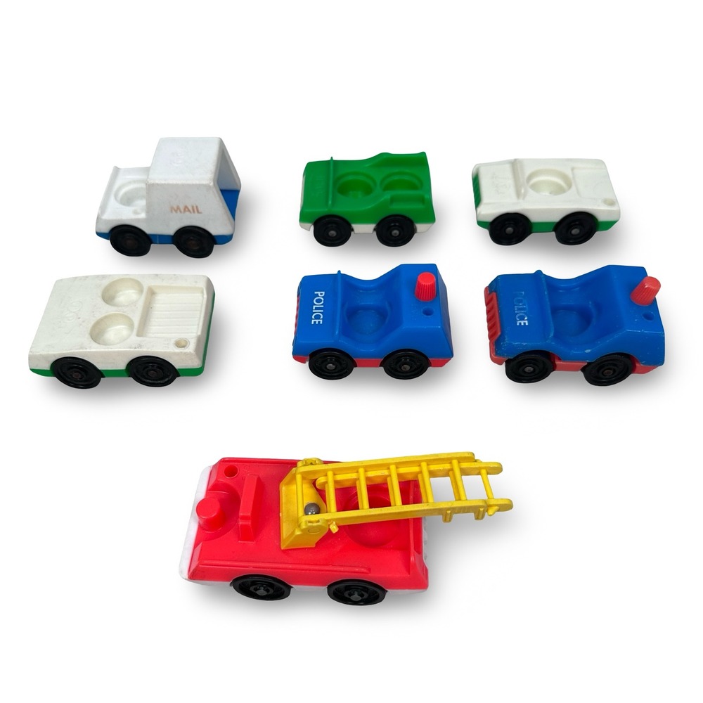 Vintage Fisher Price Little People Toy Vehicle Lot Fire Truck Police Mail 7pc